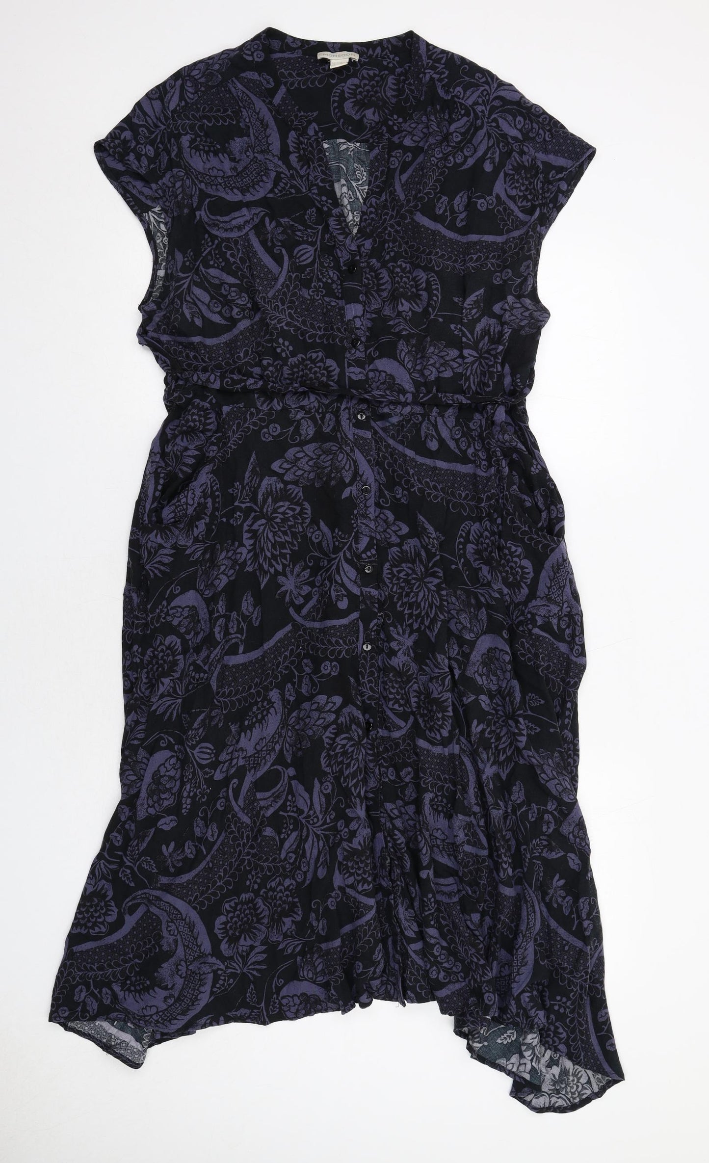 Monsoon Womens Black Floral Viscose A-Line Size 14 V-Neck Button