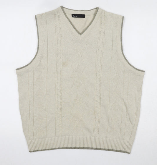 BHS Mens Beige V-Neck Herringbone Cotton Vest Jumper Size S Sleeveless