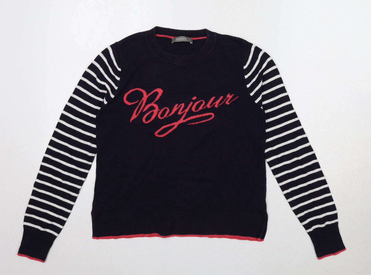 Oasis Womens Blue Round Neck Striped Cotton Pullover Jumper Size S - Bonjour