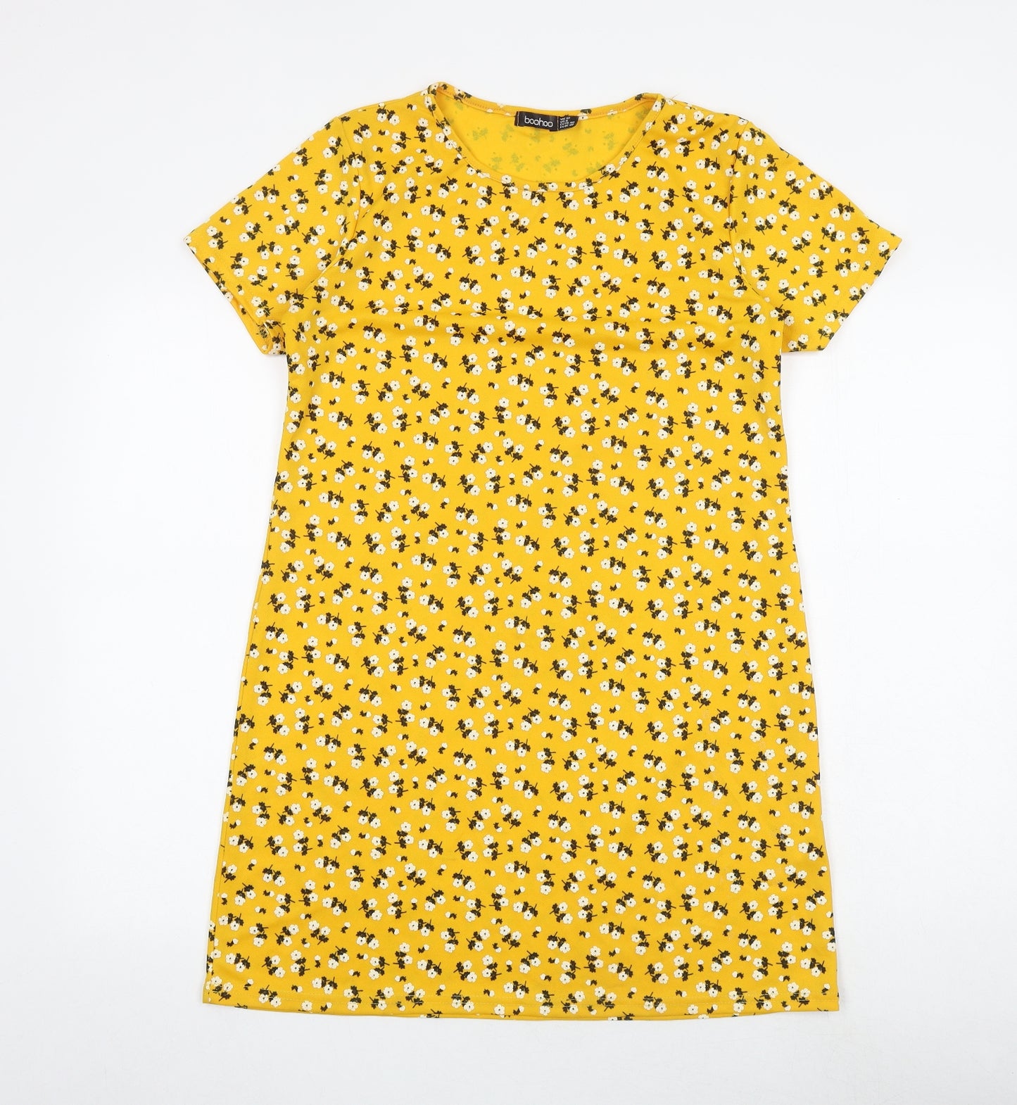 Boohoo Womens Yellow Floral Polyester T-Shirt Dress Size 12 Round Neck Pullover