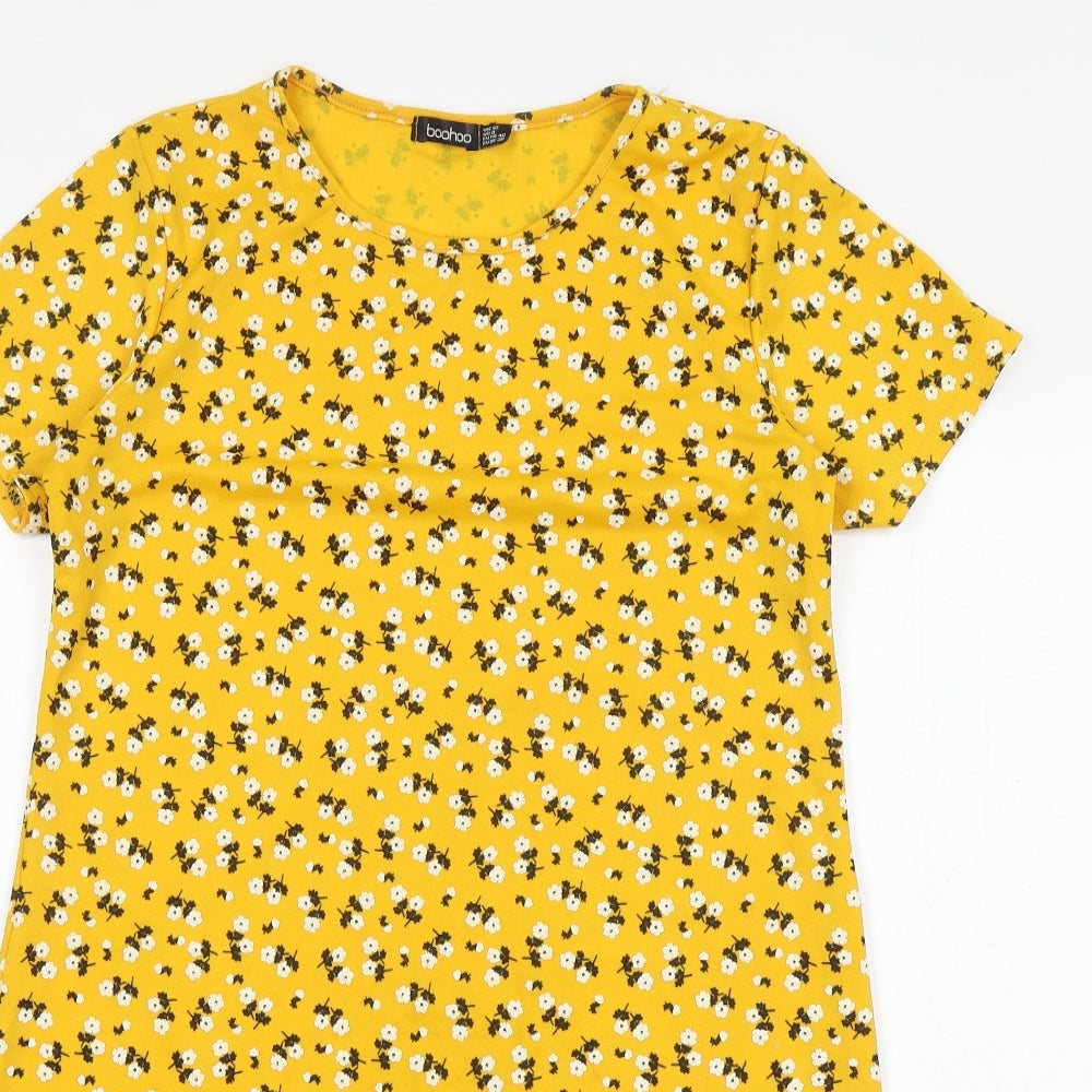 Boohoo Womens Yellow Floral Polyester T-Shirt Dress Size 12 Round Neck Pullover