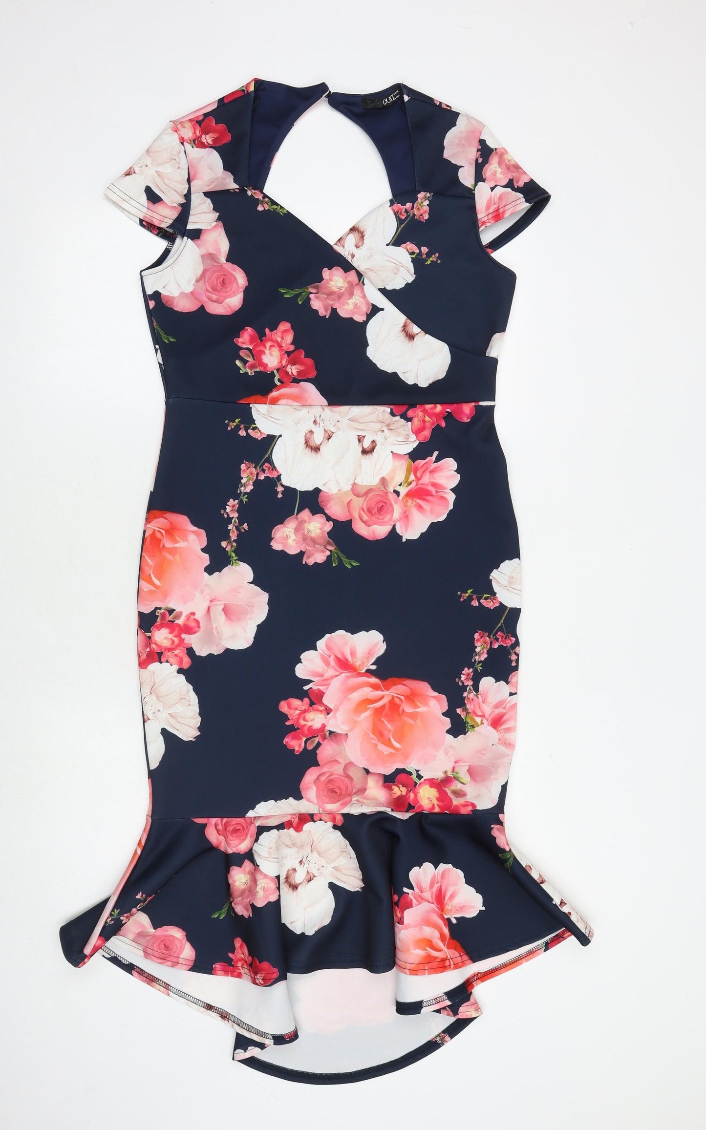 Quiz Womens Blue Floral Polyester Bodycon Size 14 V-Neck Button