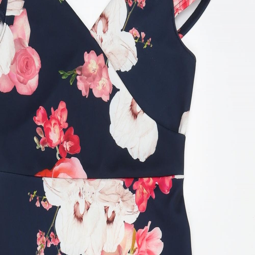 Quiz Womens Blue Floral Polyester Bodycon Size 14 V-Neck Button