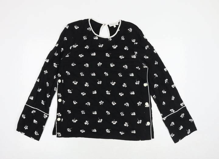 Warehouse Womens Black Floral Viscose Basic Blouse Size 10 Round Neck