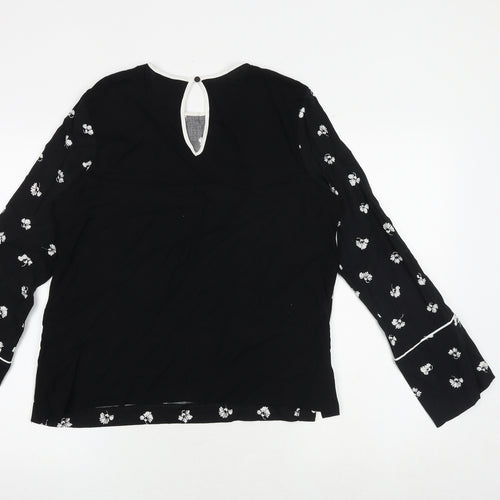 Warehouse Womens Black Floral Viscose Basic Blouse Size 10 Round Neck