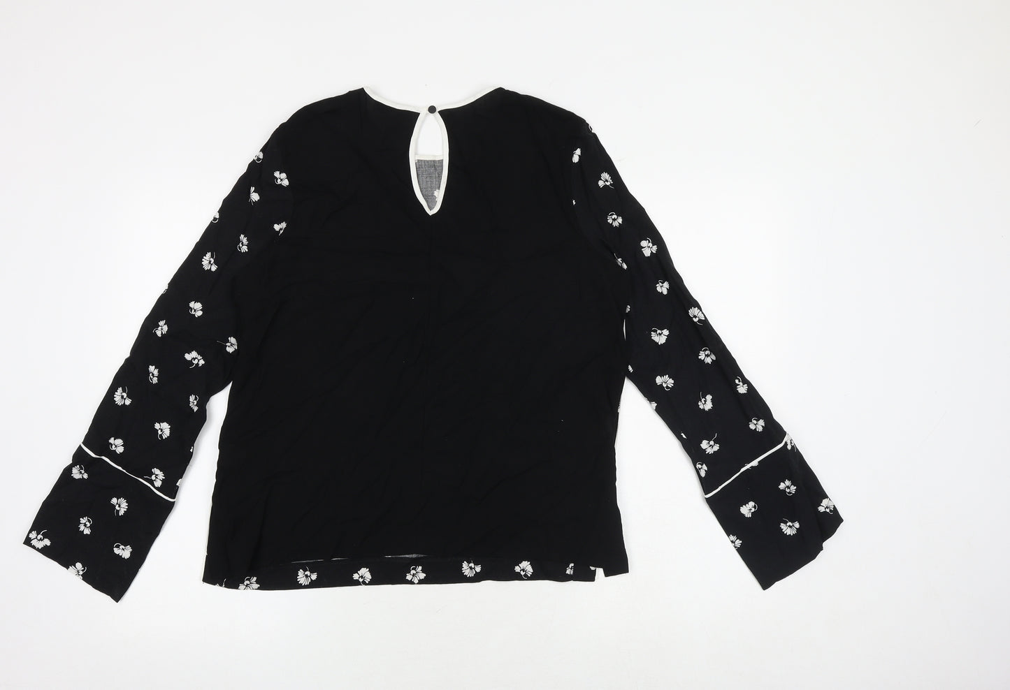 Warehouse Womens Black Floral Viscose Basic Blouse Size 10 Round Neck