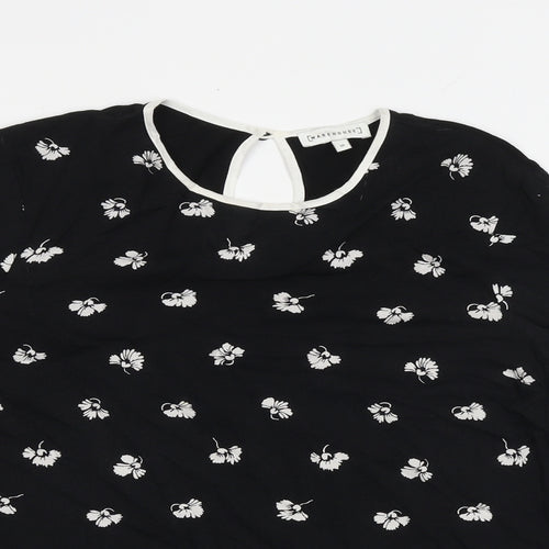 Warehouse Womens Black Floral Viscose Basic Blouse Size 10 Round Neck