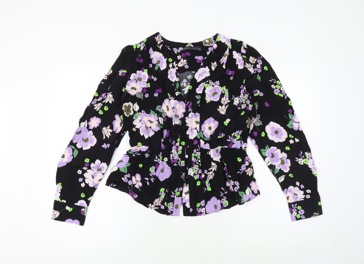 Marks and Spencer Womens Black Floral Viscose Basic Button-Up Size 12 V-Neck