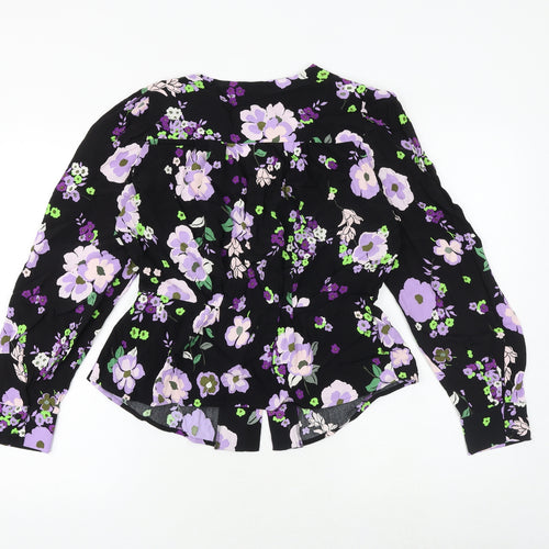 Marks and Spencer Womens Black Floral Viscose Basic Button-Up Size 12 V-Neck