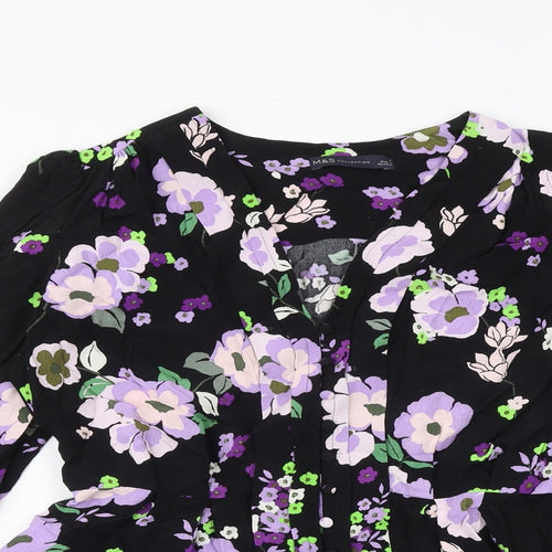 Marks and Spencer Womens Black Floral Viscose Basic Button-Up Size 12 V-Neck