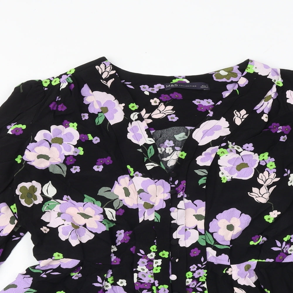 Marks and Spencer Womens Black Floral Viscose Basic Button-Up Size 12 V-Neck