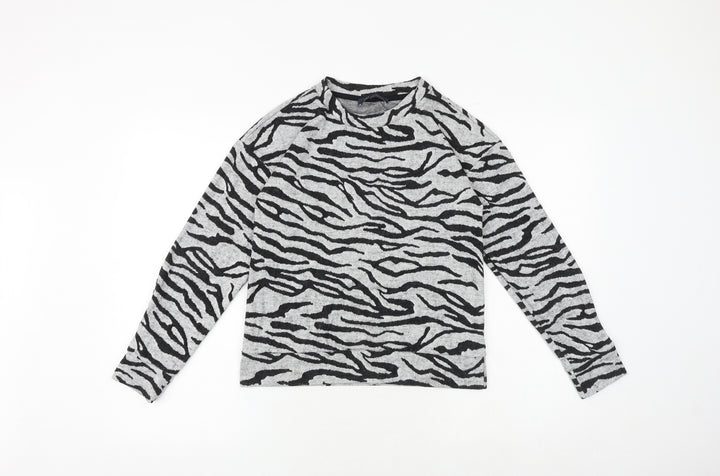 Marks and Spencer Womens Grey Animal Print Polyester Basic Blouse Size 6 Crew Neck - Zebra Print