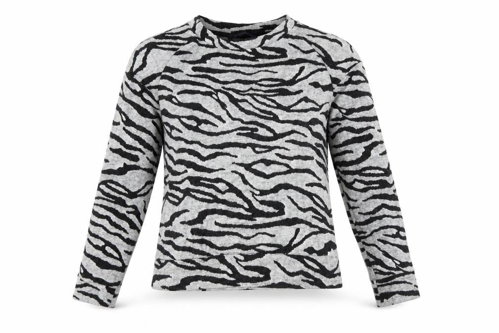 Front view of Marks & Spencer women’s grey animal print polyester basic blouse, size UK 6, crew neck - zebra print
