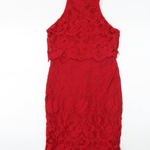 Missguided Womens Red Geometric Nylon A-Line Size 10 Halter Zip