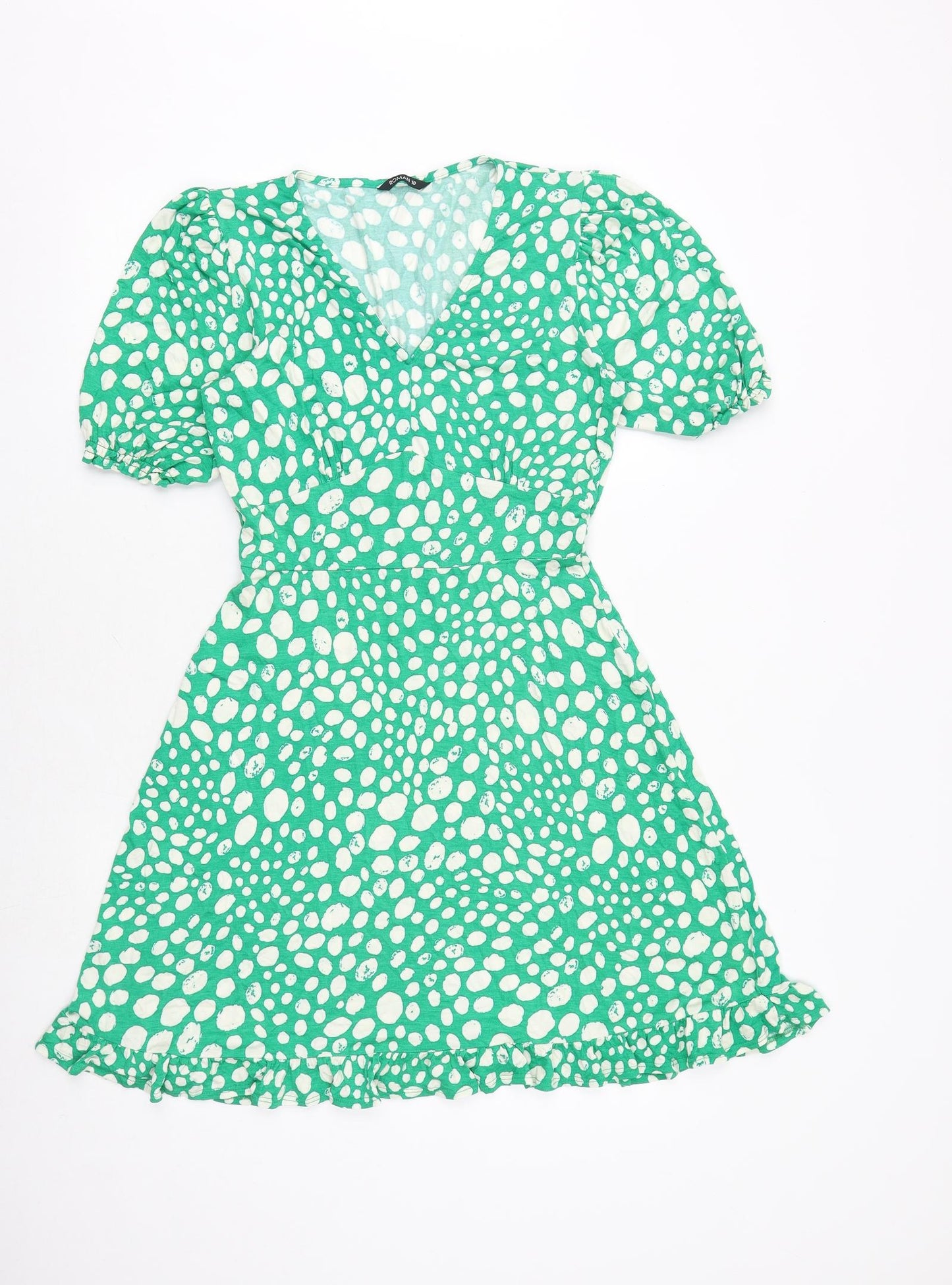 Roman Womens Green Geometric Viscose Fit & Flare Size 10 V-Neck Pullover