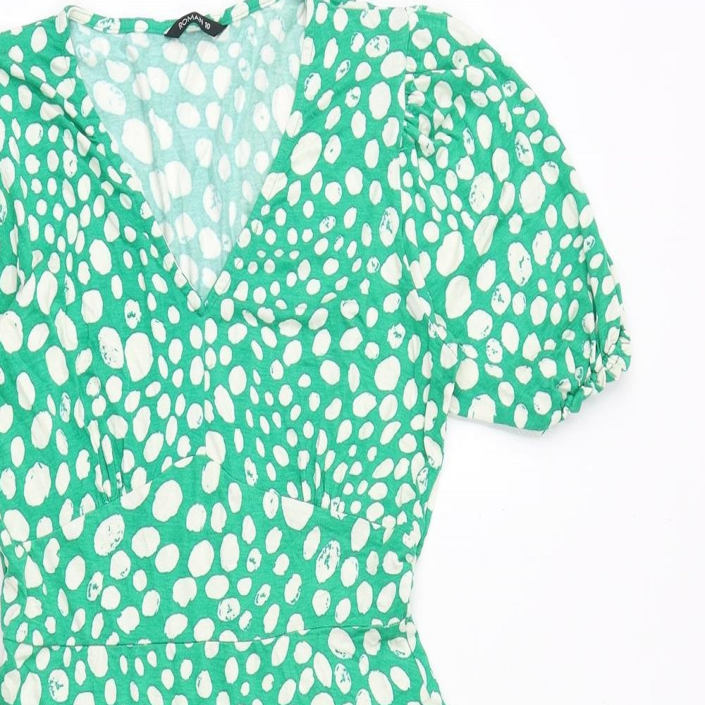 Roman Womens Green Geometric Viscose Fit & Flare Size 10 V-Neck Pullover