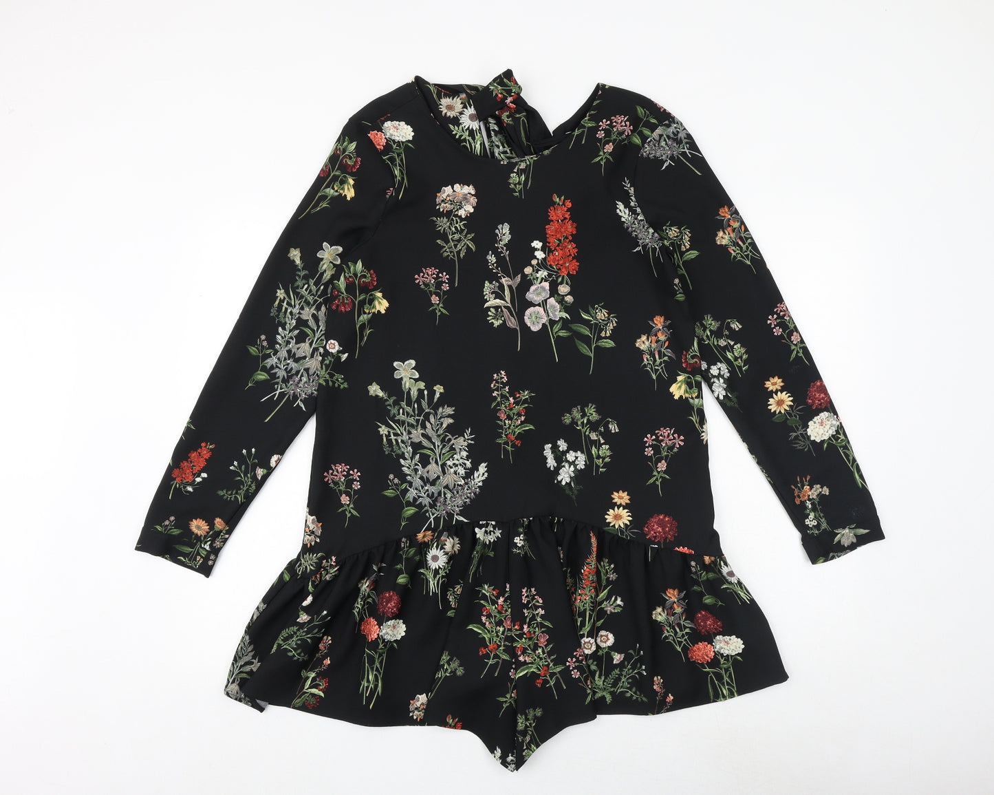 Zara Womens Black Floral Polyester Playsuit One-Piece Size S Tie