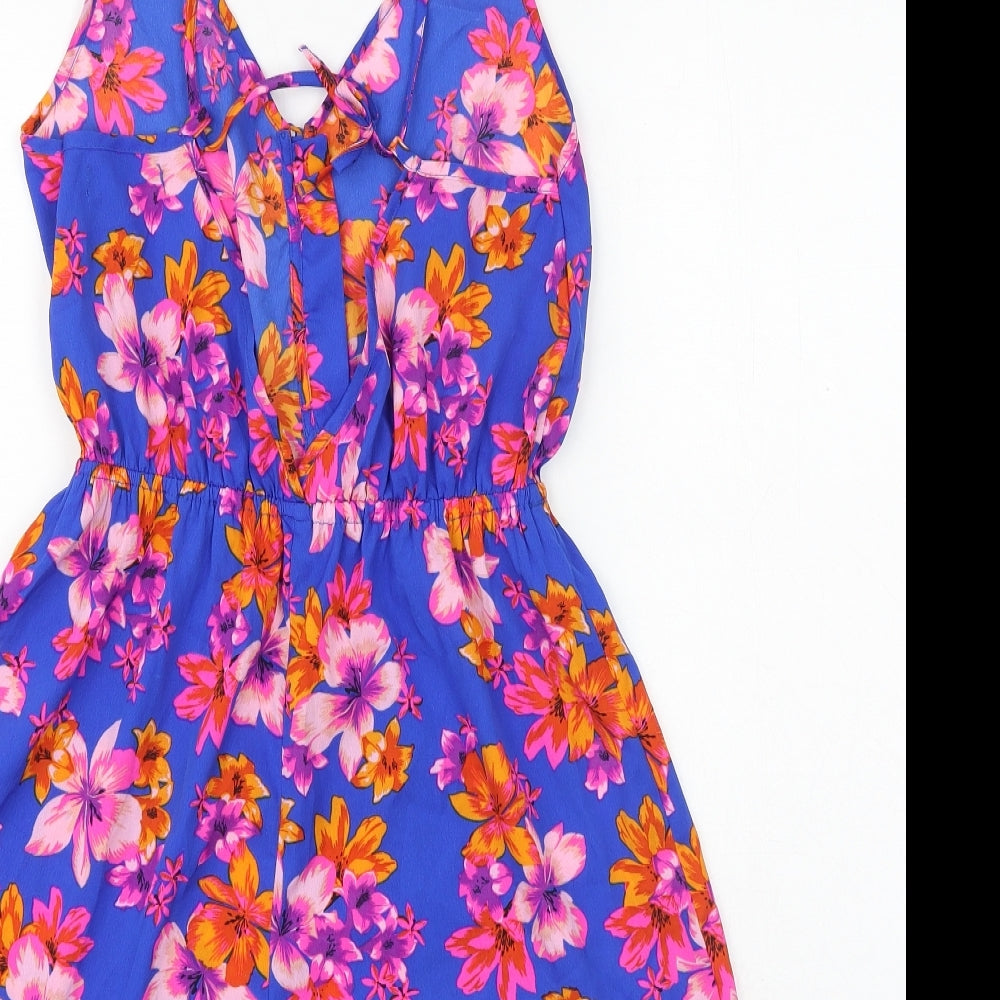 New Look Womens Blue Floral Polyester Playsuit One-Piece Size S Button