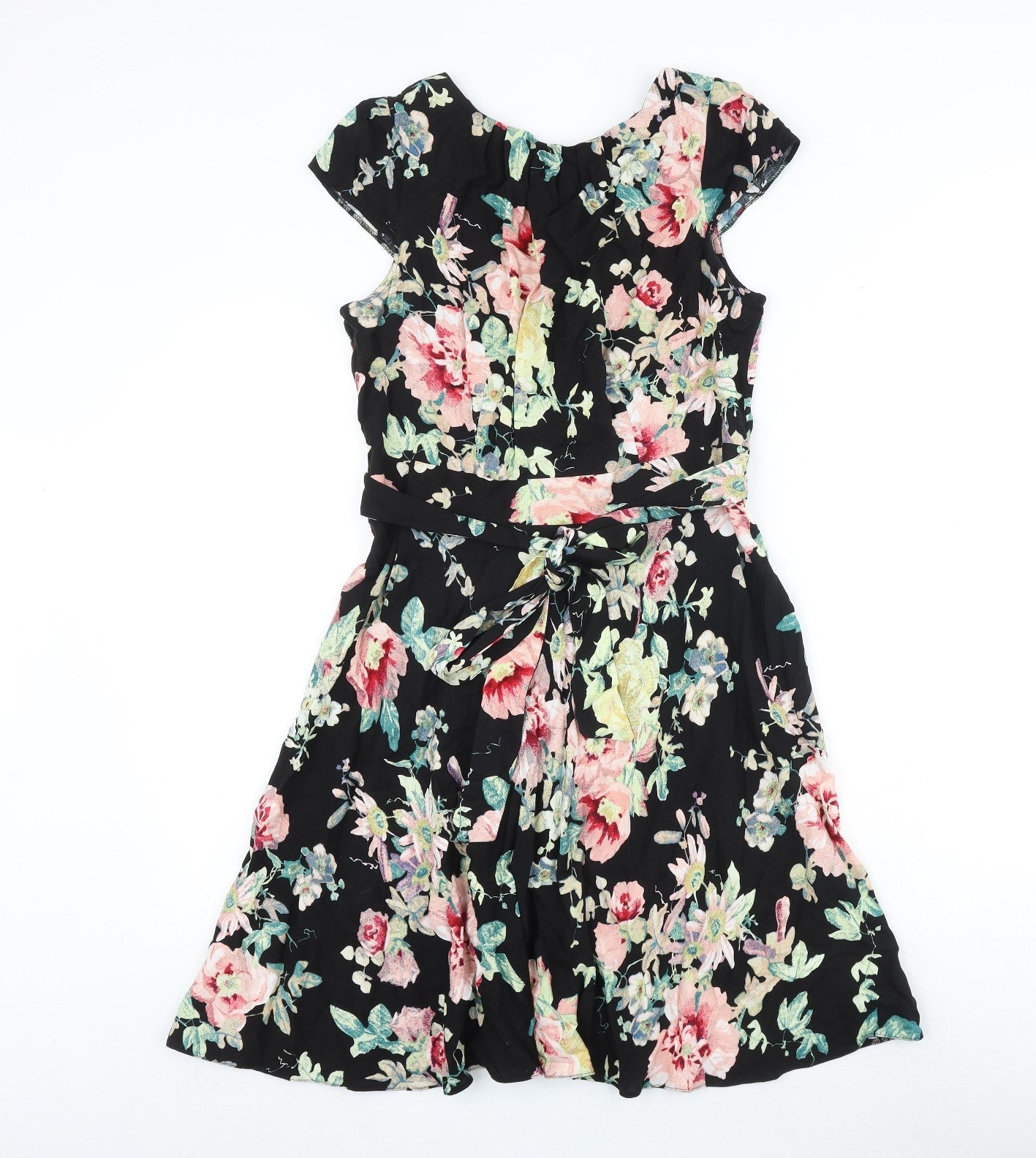Dorothy Perkins Womens Black Floral Viscose Skater Dress Size 14 Round Neck Zip