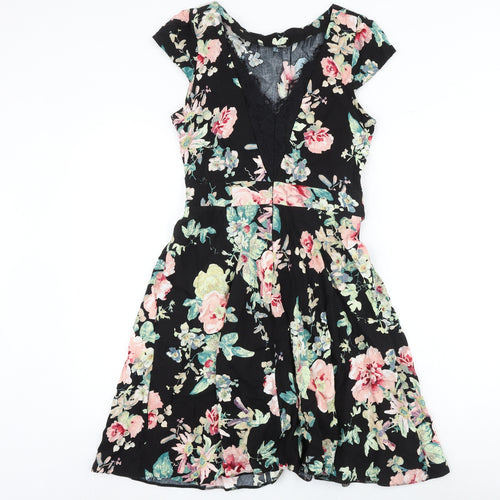 Dorothy Perkins Womens Black Floral Viscose Skater Dress Size 14 Round Neck Zip