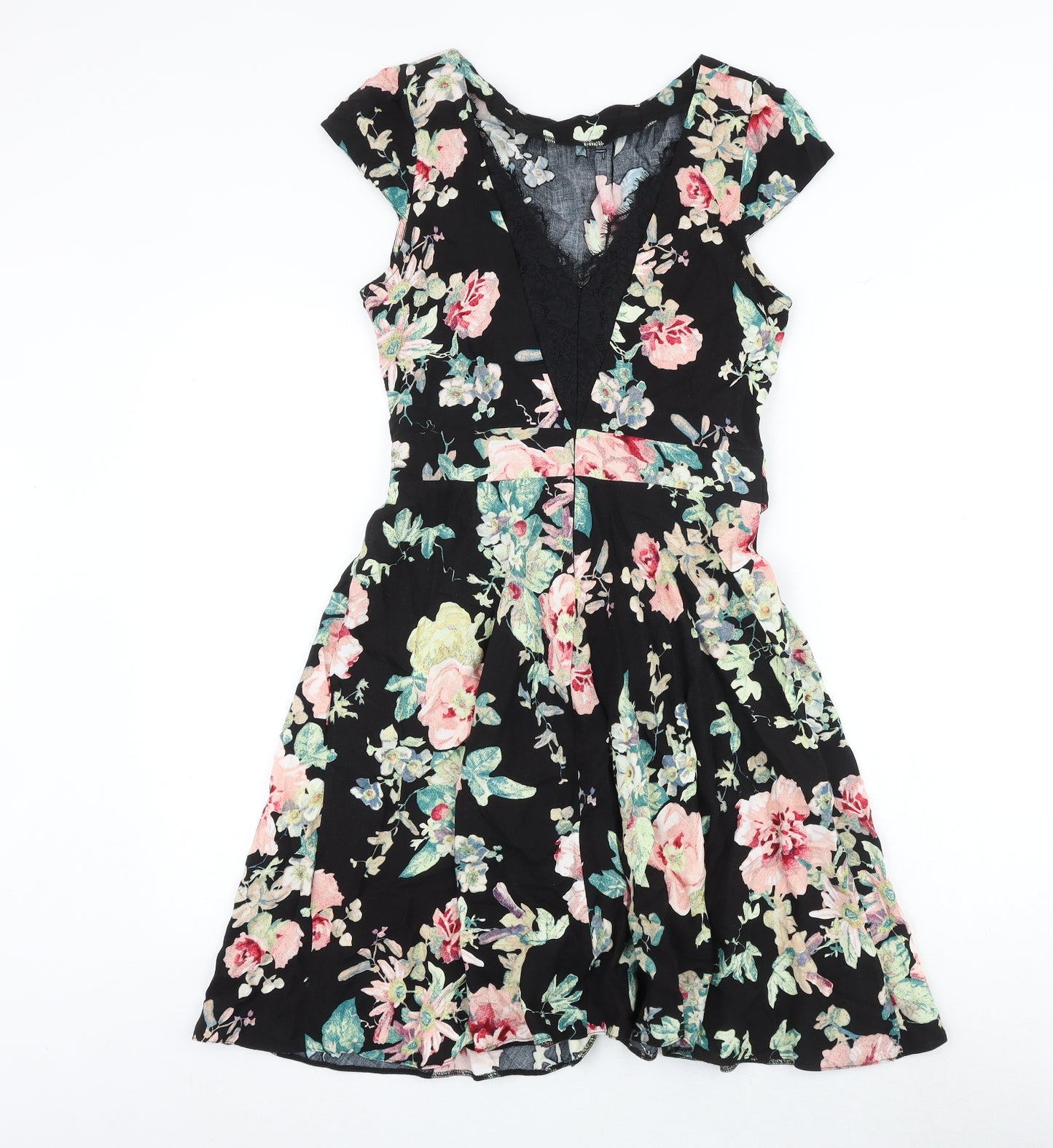 Dorothy Perkins Womens Black Floral Viscose Skater Dress Size 14 Round Neck Zip