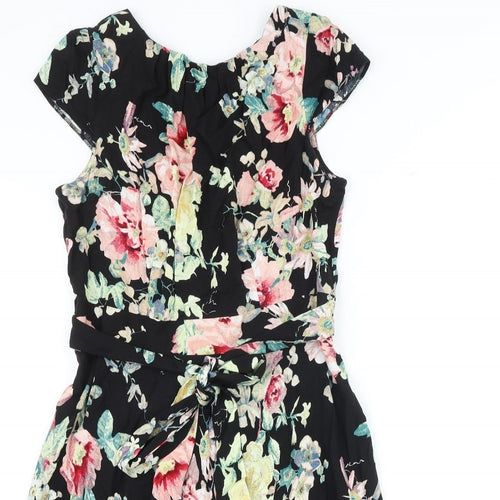 Dorothy Perkins Womens Black Floral Viscose Skater Dress Size 14 Round Neck Zip