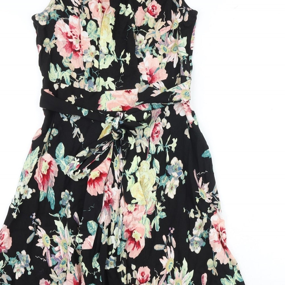 Dorothy Perkins Womens Black Floral Viscose Skater Dress Size 14 Round Neck Zip
