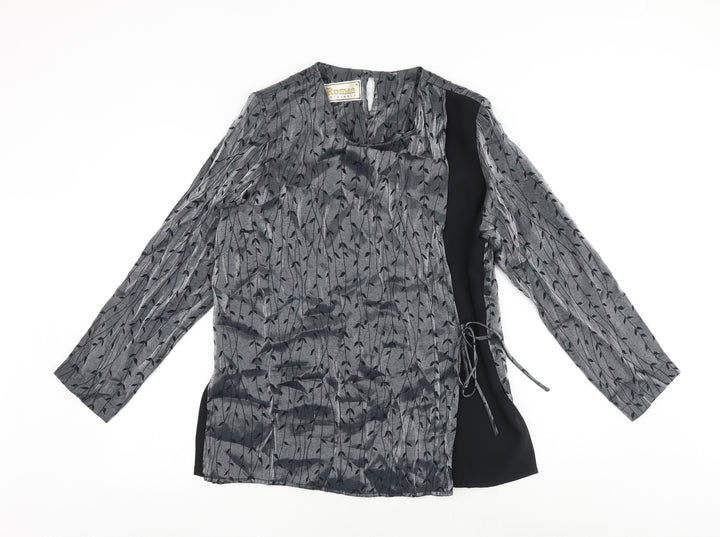 Roman Womens Grey Geometric Polyester Wrap Blouse Size 14 Round Neck