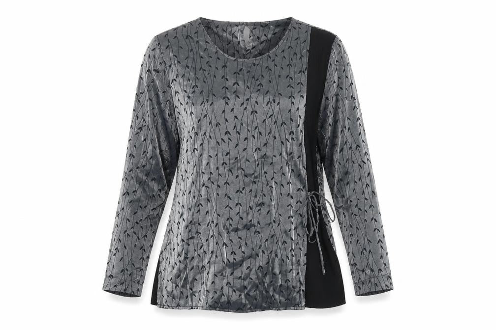 Front view of Roman women’s grey geometric polyester wrap blouse, size UK 14, round neck