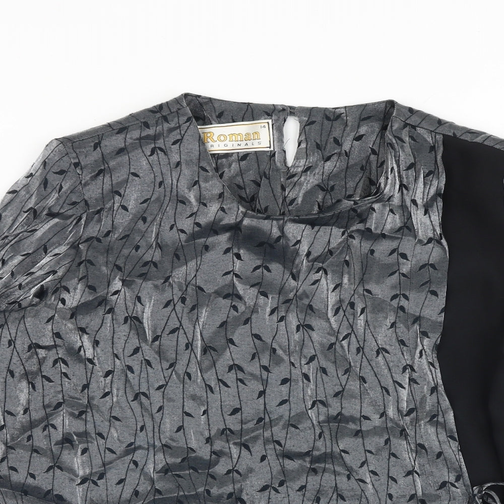 Roman Womens Grey Geometric Polyester Wrap Blouse Size 14 Round Neck