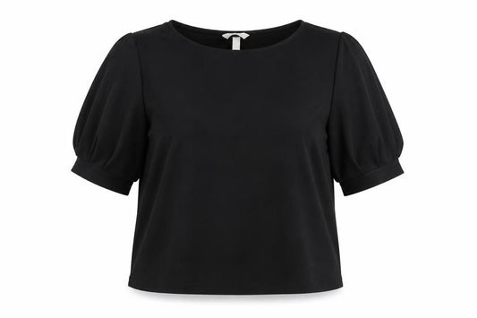 Front view of H&M women’s black polyester basic blouse, size M, round neck