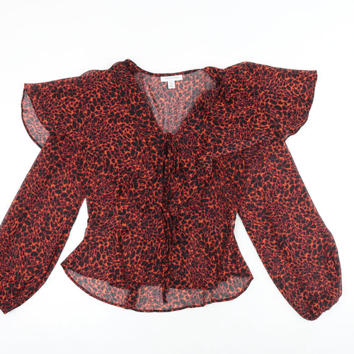 Topshop Womens Orange Animal Print Polyester Basic Blouse Size 8 V-Neck