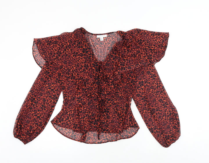 Topshop Womens Orange Animal Print Polyester Basic Blouse Size 8 V-Neck