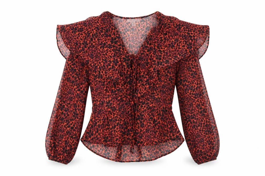 Front view of Topshop women’s orange animal print polyester basic blouse, size UK 8, v-neck