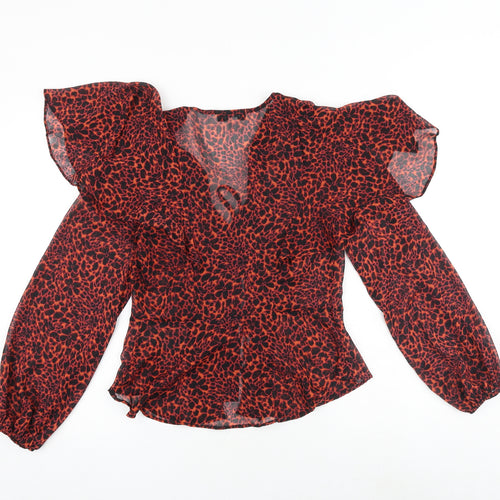 Topshop Womens Orange Animal Print Polyester Basic Blouse Size 8 V-Neck