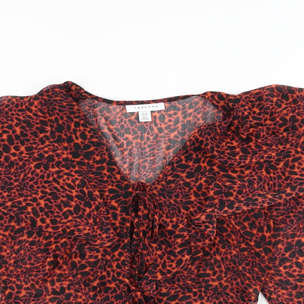 Topshop Womens Orange Animal Print Polyester Basic Blouse Size 8 V-Neck