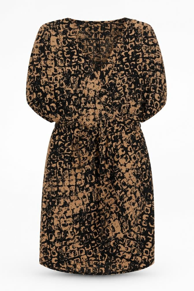 Front view of Topshop women’s brown geometric polyester a-line, size UK 10, v-neck pullover