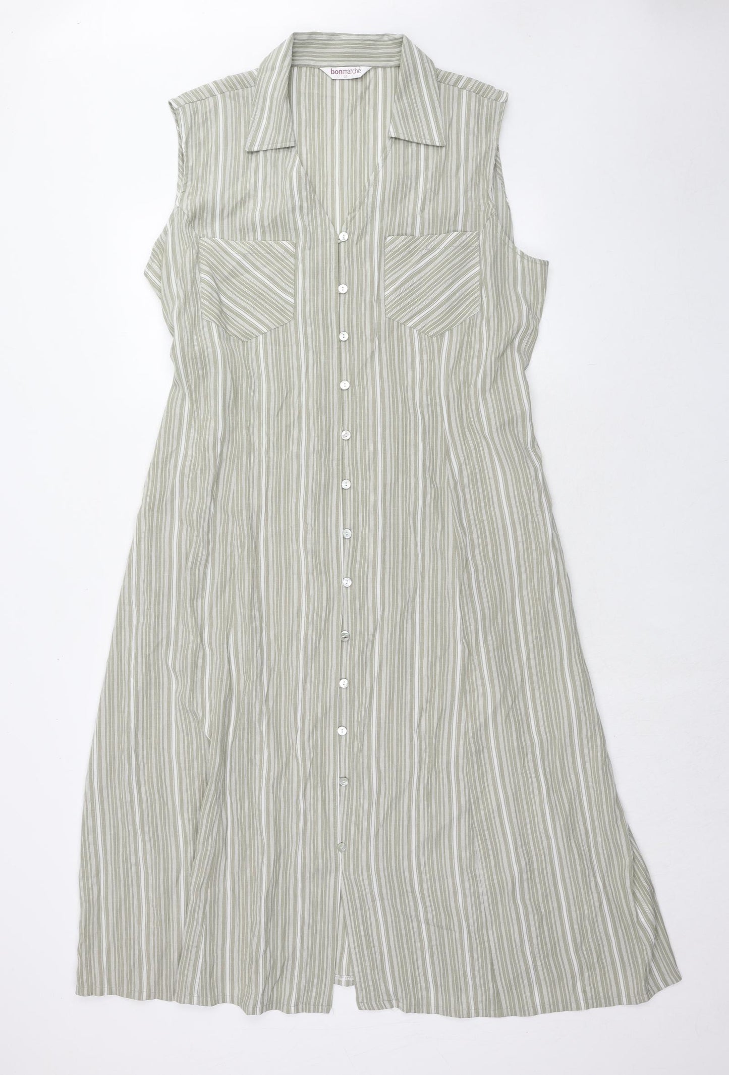 Bonmarché Womens Green Striped Polyester Shirt Dress Size 12 Collared Button