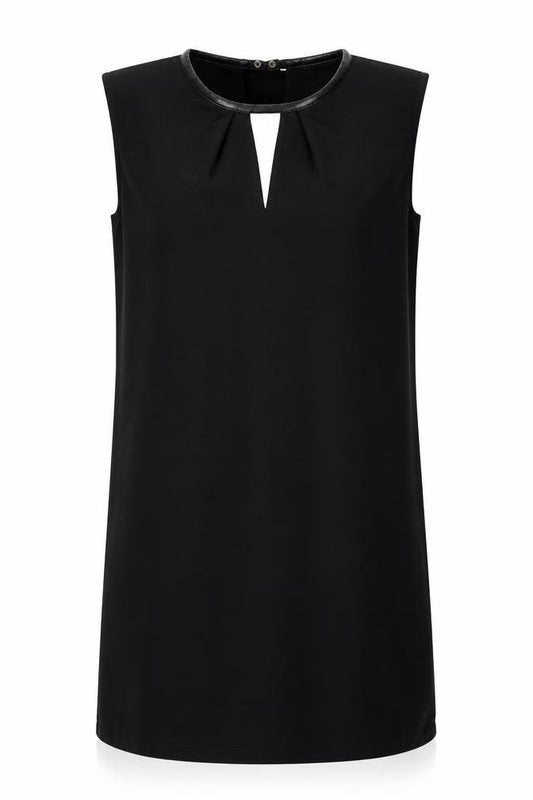 Front view of Warehouse women’s black polyester a-line, size UK 10, round neck button