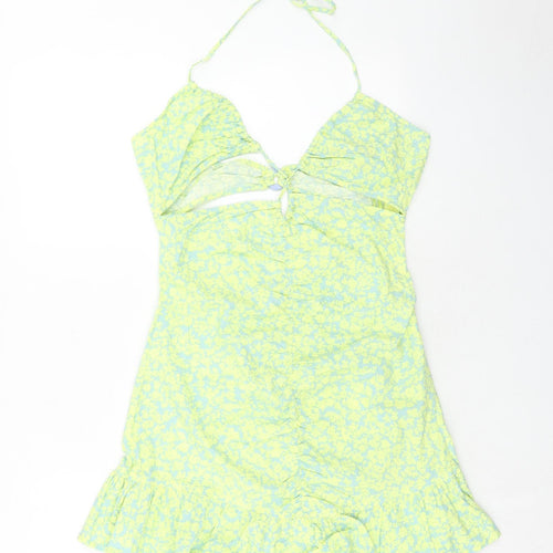 Zara Womens Green Geometric Viscose Mini Size L Halter Zip
