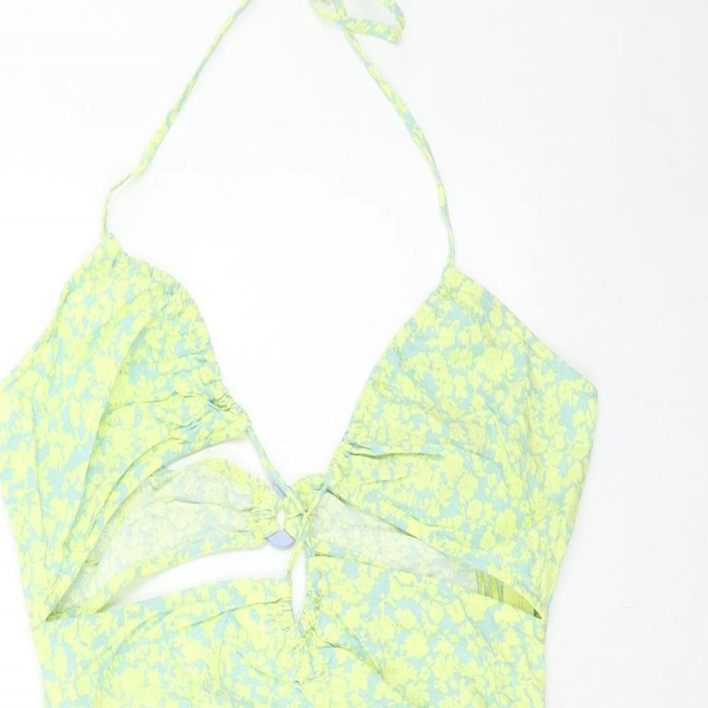Zara Womens Green Geometric Viscose Mini Size L Halter Zip