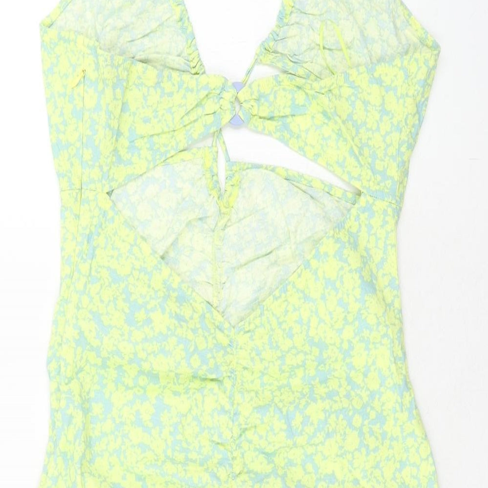 Zara Womens Green Geometric Viscose Mini Size L Halter Zip