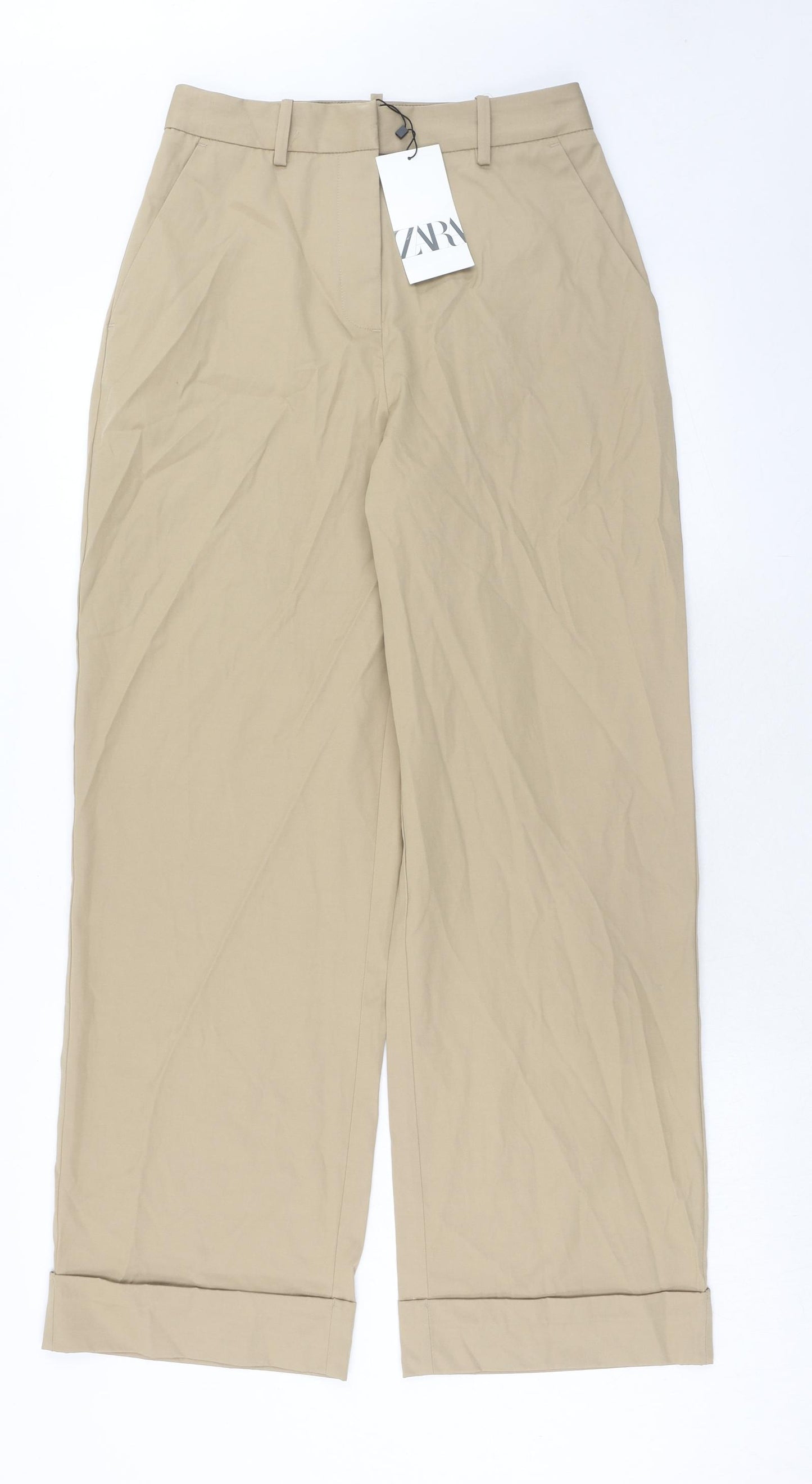 Zara Womens Beige Polyester Trousers Size S Regular Zip