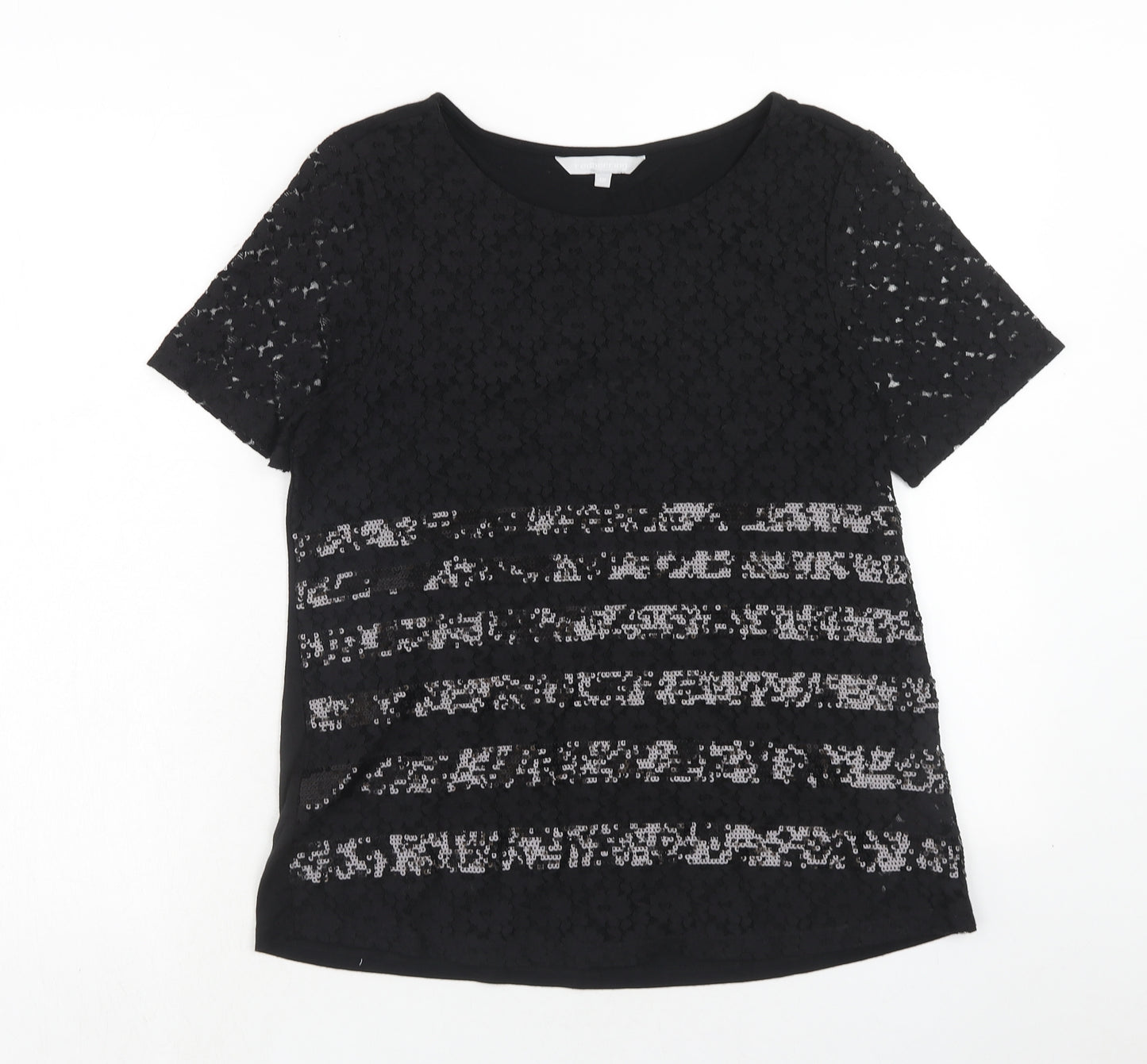 Red Herring Womens Black Viscose Basic Blouse Size 12 Round Neck - Lace Details