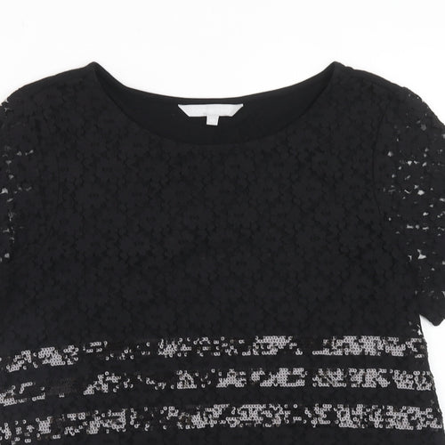 Red Herring Womens Black Viscose Basic Blouse Size 12 Round Neck - Lace Details