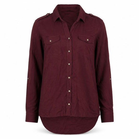 Front view of Next women’s red viscose basic button-up, size UK 8, collared