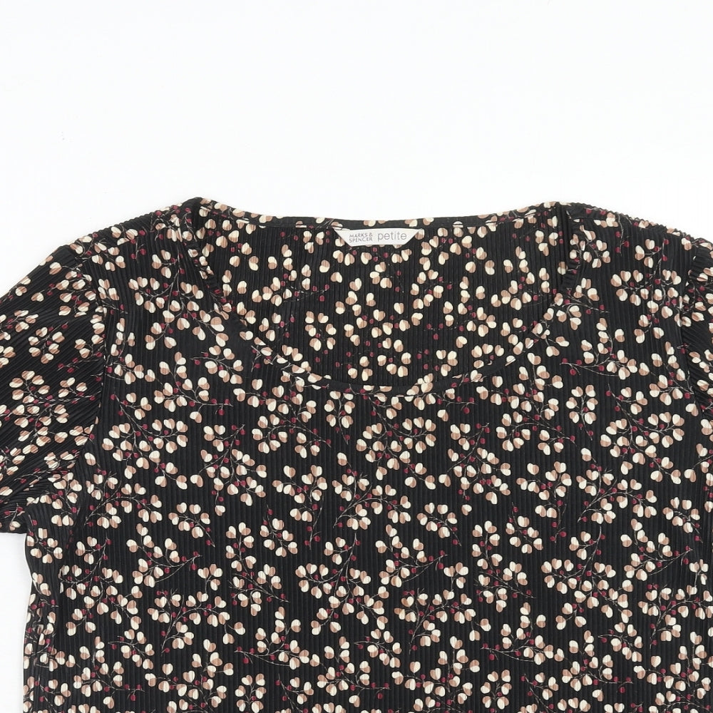 Marks and Spencer Womens Black Geometric Polyester Basic Blouse Size 16 Boat Neck - Plisse