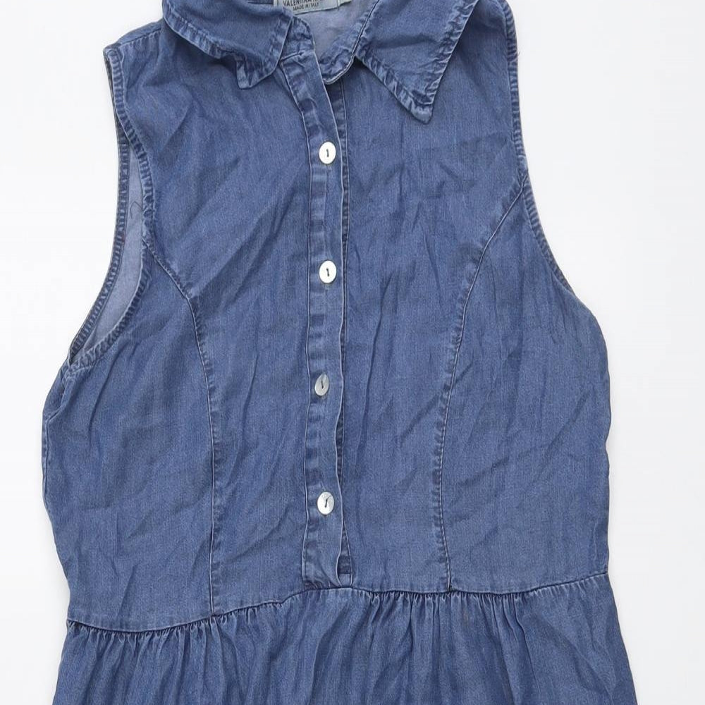 Valentina Naldi Womens Blue Lyocell Shirt Dress Size S Collared Button