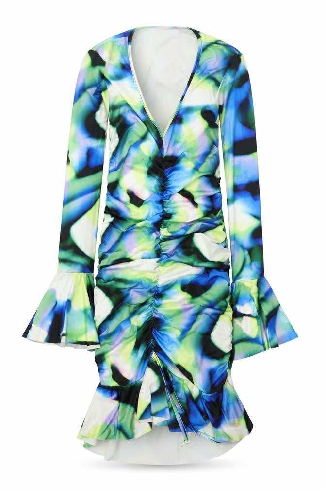 Front view of PRETTYLITTLETHING women’s multicoloured geometric polyester bodycon, size UK 6, v-neck pullover
