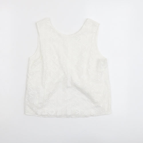 Mango Womens White Geometric Polyester Basic Tank Size S Round Neck